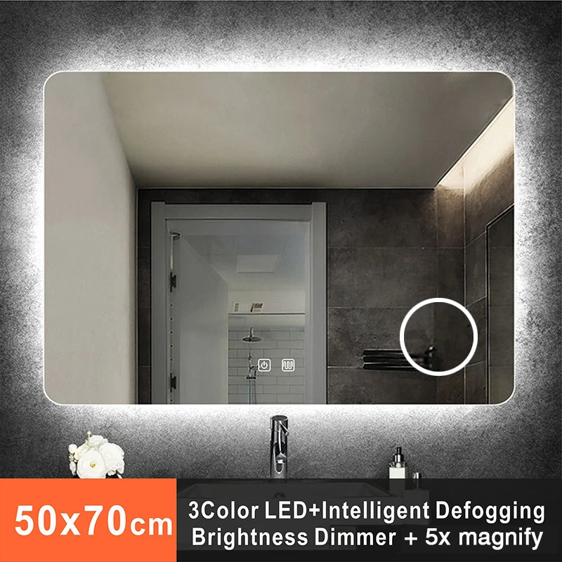 Smart Rectangular LED Mirror: Anti-Fog, 5X Magnify, and Dimmable