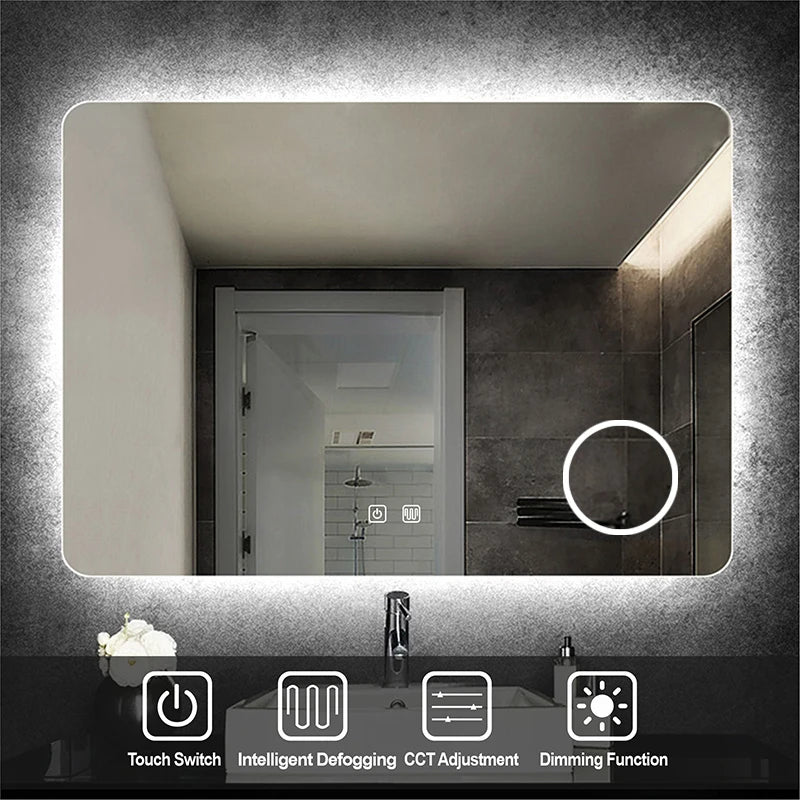 Smart Rectangular LED Mirror: Anti-Fog, 5X Magnify, and Dimmable